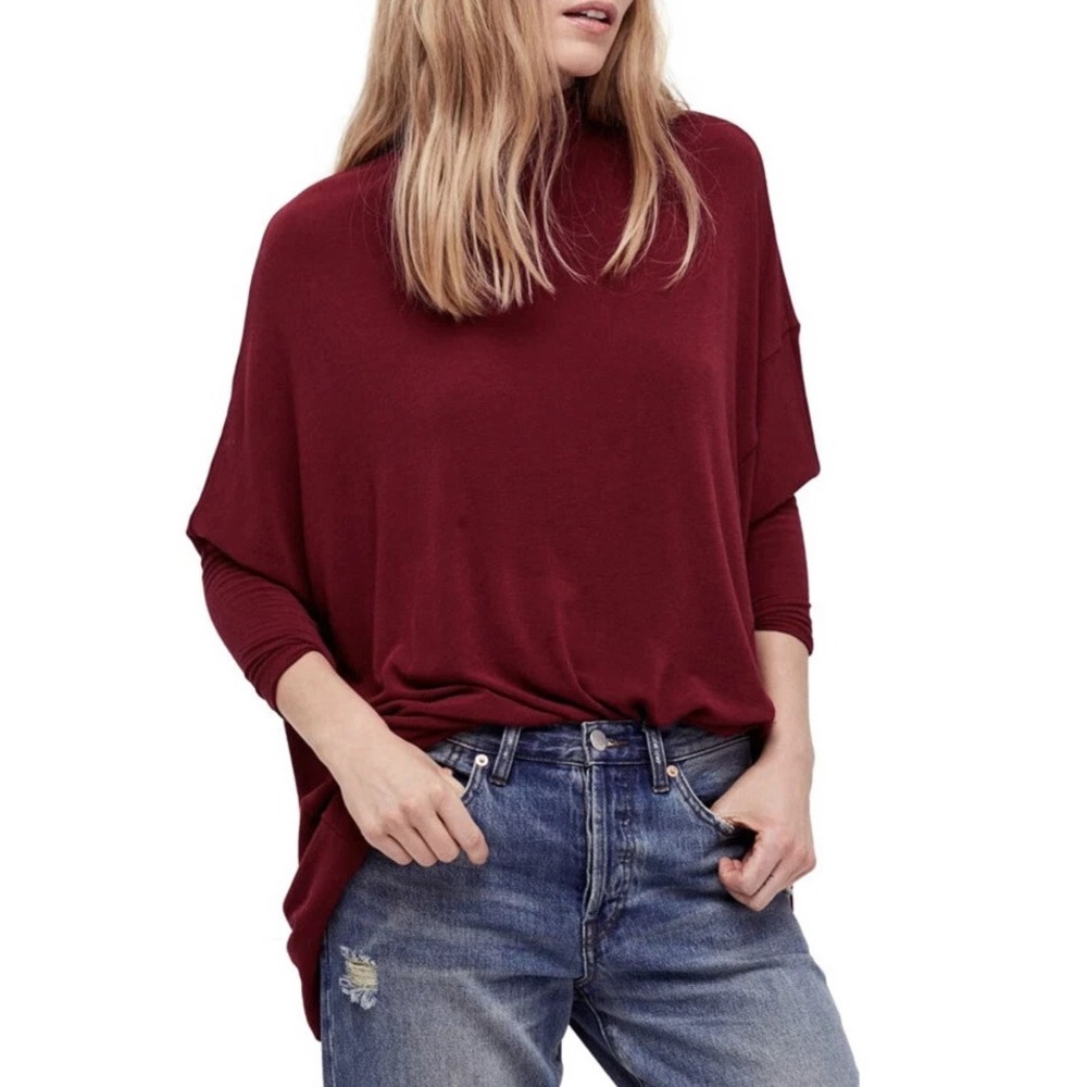 Free People Terry Turtleneck Tunic Batwing Dolman Red Burgundy Sm OB677571